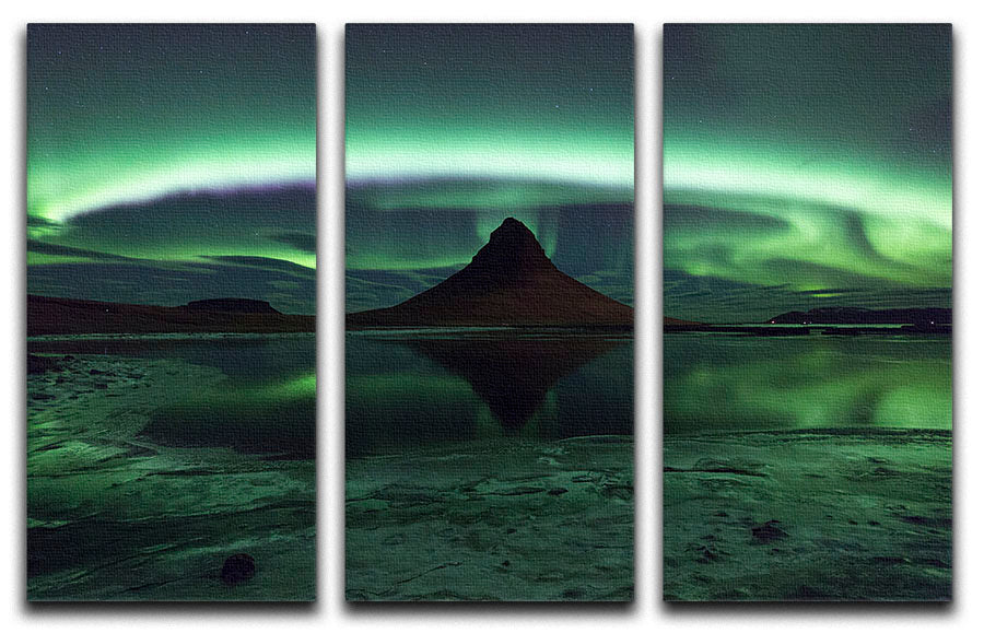 Kirkjufell Aurora 3 Split Panel Canvas Print showcasing vibrant northern lights over Kirkjufell mountain.