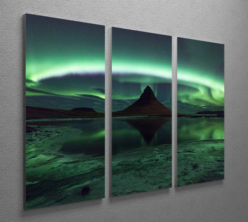 Kirkjufell Aurora 3 Split Panel Canvas Print showcasing vibrant northern lights over Kirkjufell mountain.