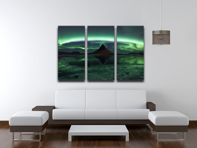 Kirkjufell Aurora 3 Split Panel Canvas Print showcasing vibrant northern lights over Kirkjufell mountain.