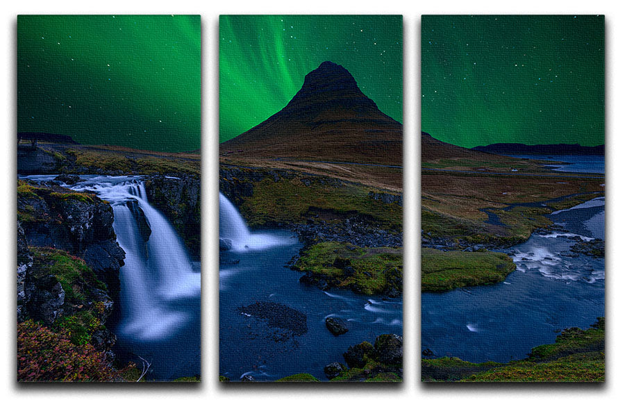 Kirkjufell mountain under a vibrant green sky, displayed as a 3-panel canvas print, enhancing interior decor.