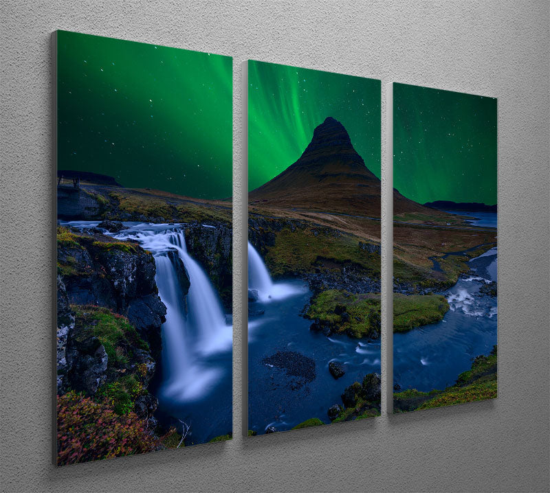 Kirkjufell mountain under a vibrant green sky, displayed as a 3-panel canvas print, enhancing interior decor.
