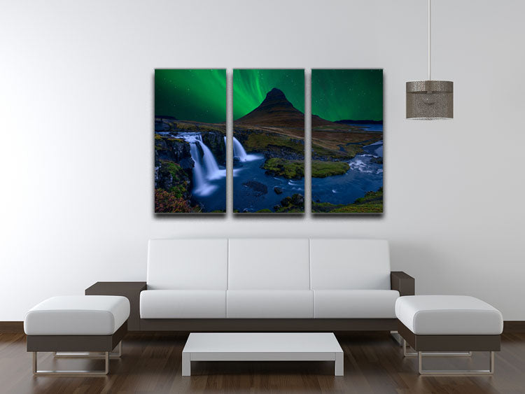 Kirkjufell mountain under a vibrant green sky, displayed as a 3-panel canvas print, enhancing interior decor.