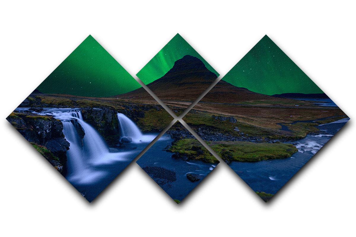 A stunning 4-square canvas artwork featuring Kirkjufell mountain under a vibrant boreal green sky, showcasing nature's beauty.