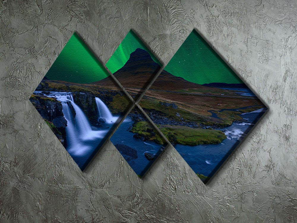 A stunning 4-square canvas artwork featuring Kirkjufell mountain under a vibrant boreal green sky, showcasing nature's beauty.