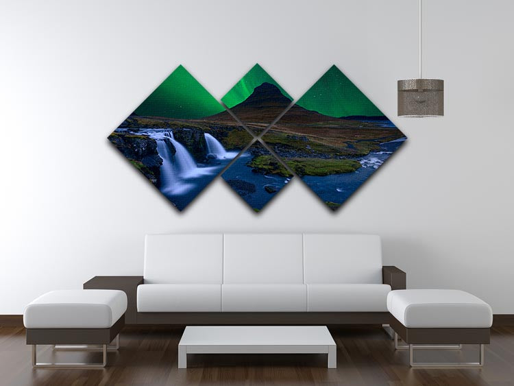 A stunning 4-square canvas artwork featuring Kirkjufell mountain under a vibrant boreal green sky, showcasing nature's beauty.