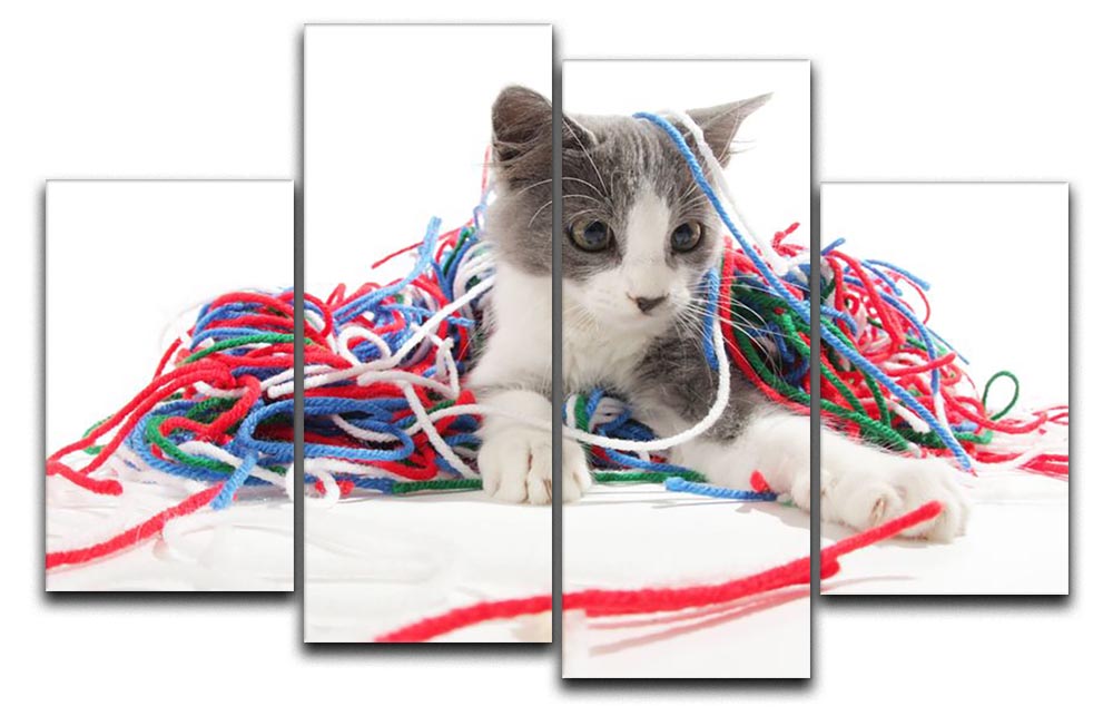 A charming 4-split canvas artwork featuring a playful kitten with yarn, showcasing vibrant colors and a dynamic design.