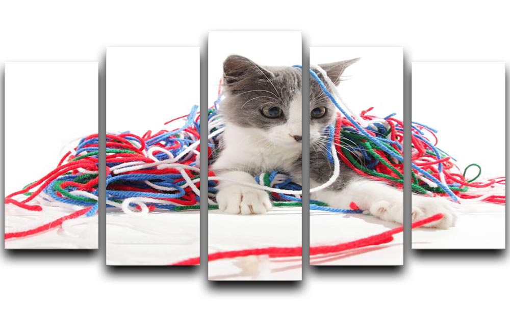 A vibrant 5-split panel canvas artwork featuring a playful kitten with colorful yarn, perfect for home decor.