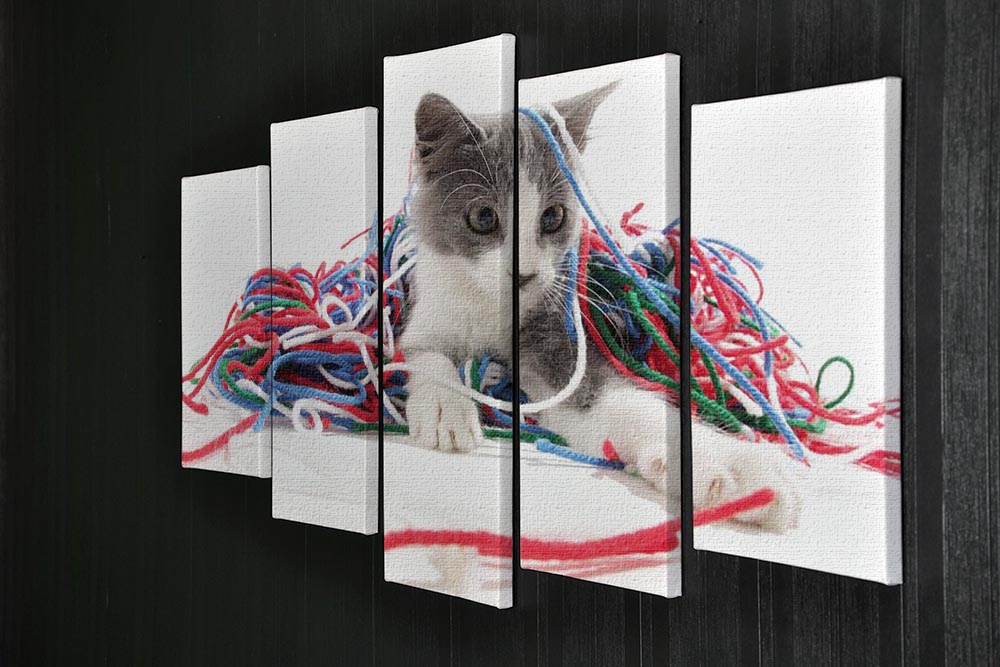 A vibrant 5-split panel canvas artwork featuring a playful kitten with colorful yarn, perfect for home decor.