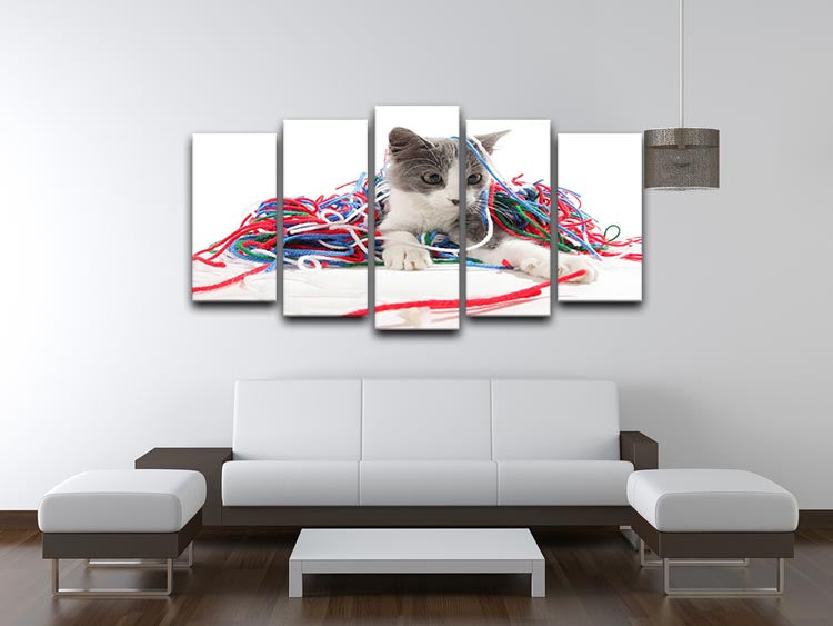 A vibrant 5-split panel canvas artwork featuring a playful kitten with colorful yarn, perfect for home decor.