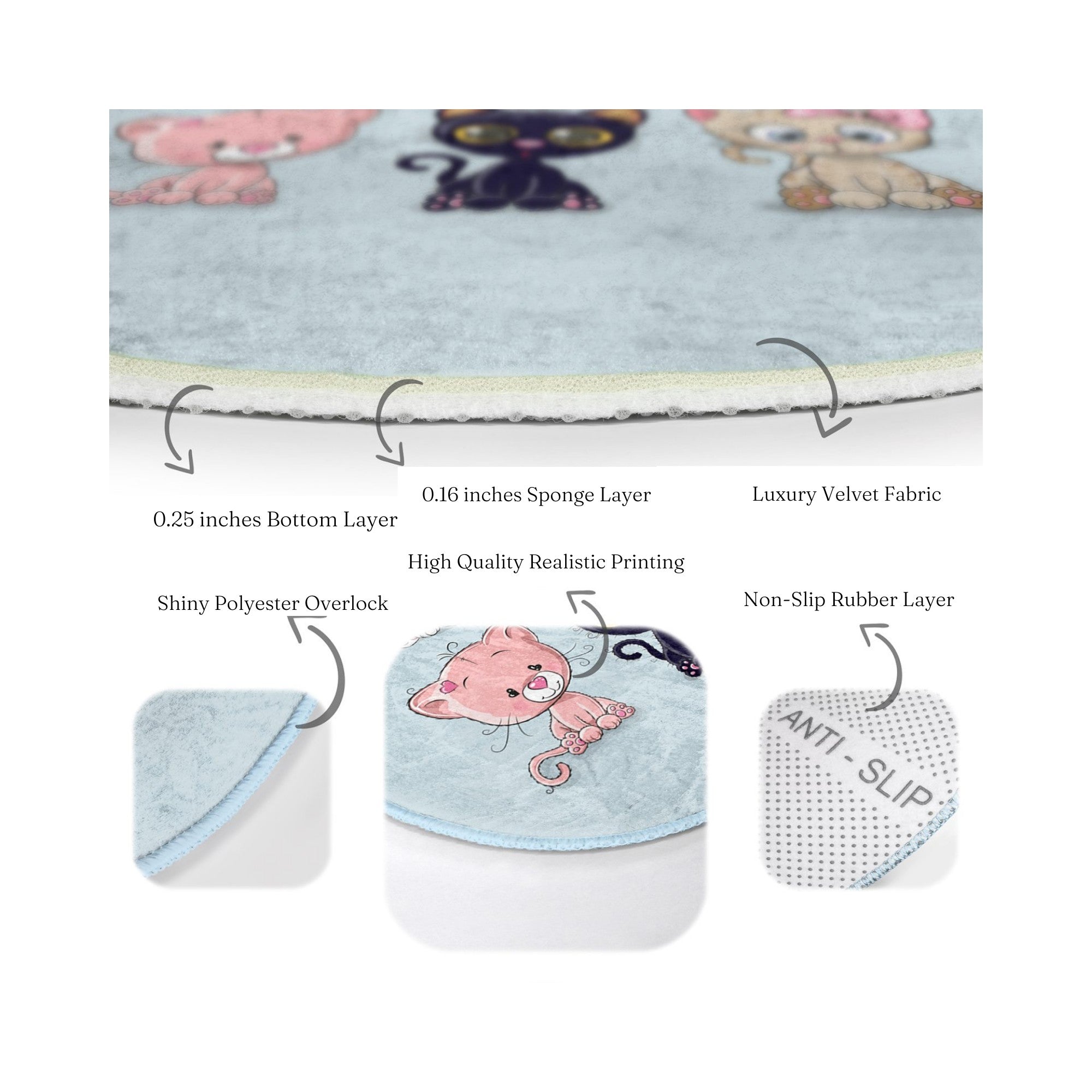 A round rug featuring a playful kitty pattern, designed for children's rooms, showcasing soft velvet fabric and vibrant colors.