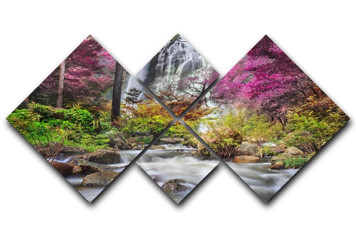 A beautiful multi-panel canvas artwork depicting a serene waterfall, divided into four equal square sections, showcasing vibrant colors and natural beauty.