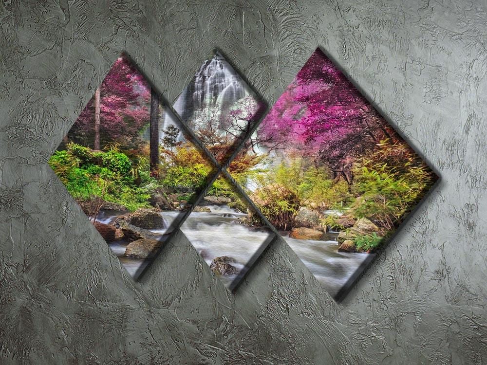 A beautiful multi-panel canvas artwork depicting a serene waterfall, divided into four equal square sections, showcasing vibrant colors and natural beauty.