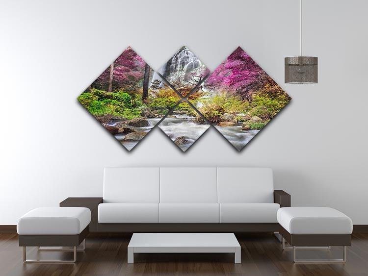 A beautiful multi-panel canvas artwork depicting a serene waterfall, divided into four equal square sections, showcasing vibrant colors and natural beauty.