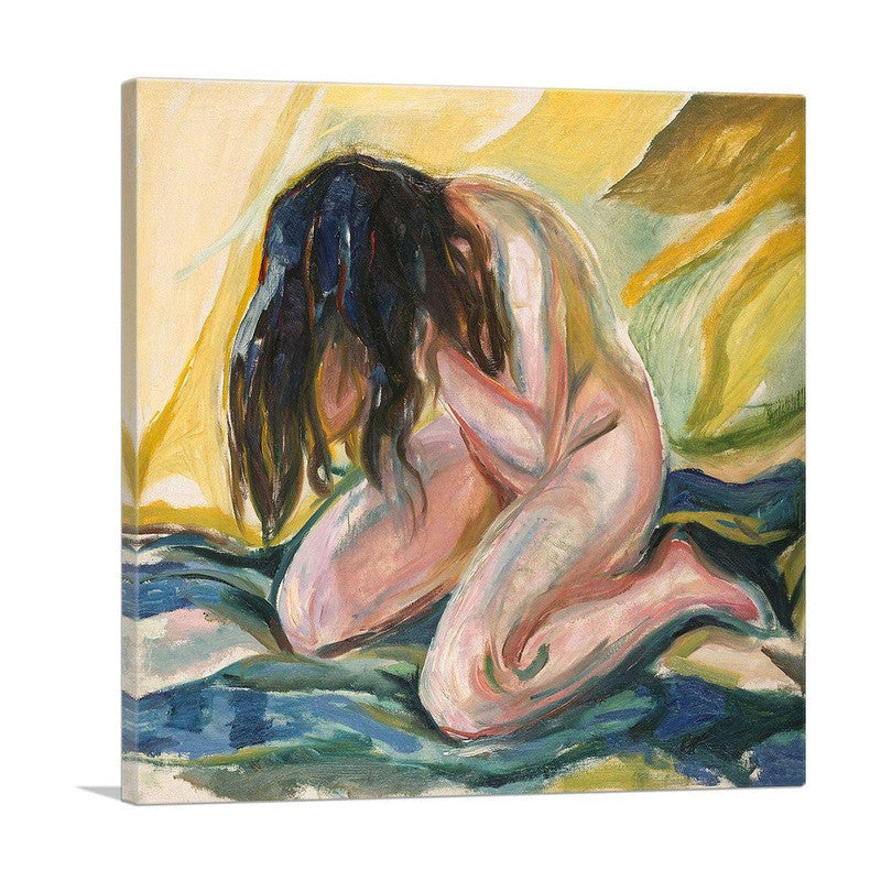 A canvas print of Kneeling Female Nude Crying 1919, showcasing a nude female figure in a kneeling position, expressing deep emotion.
