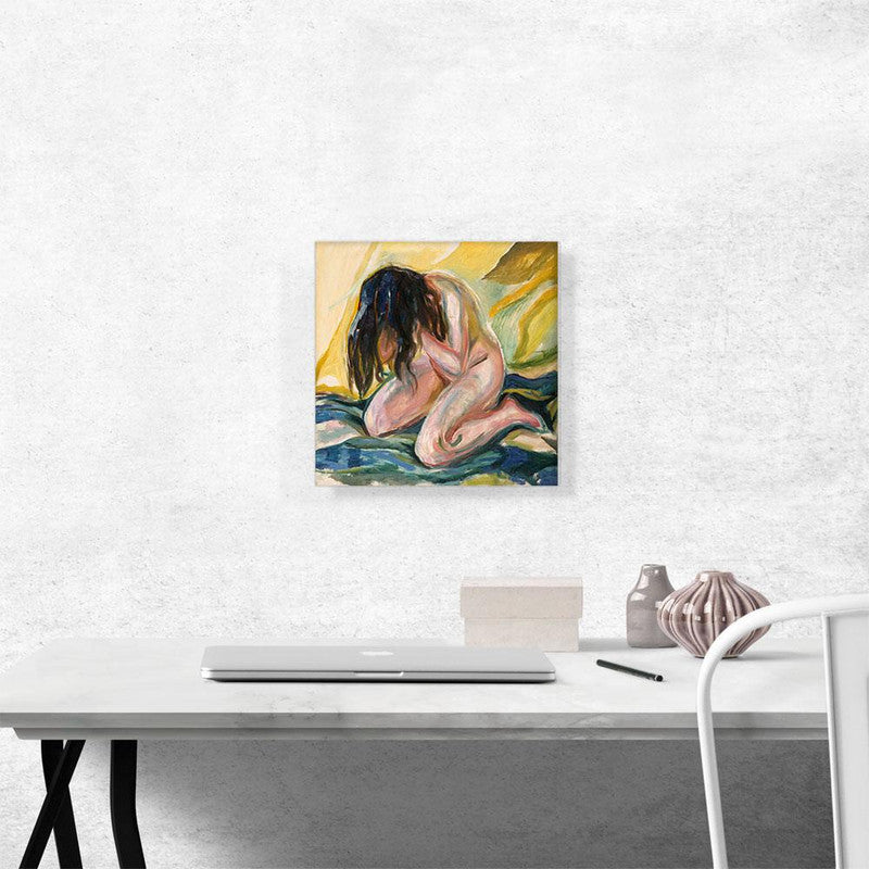 A canvas print of Kneeling Female Nude Crying 1919, showcasing a nude female figure in a kneeling position, expressing deep emotion.