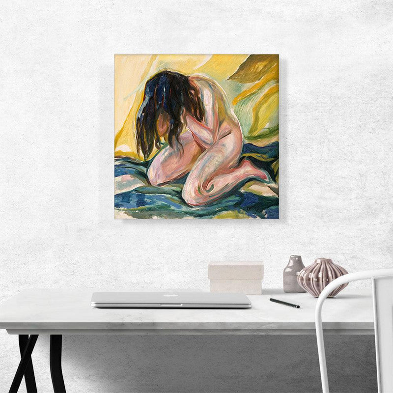 A canvas print of Kneeling Female Nude Crying 1919, showcasing a nude female figure in a kneeling position, expressing deep emotion.