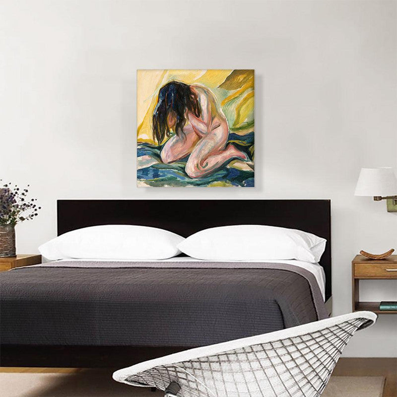 A canvas print of Kneeling Female Nude Crying 1919, showcasing a nude female figure in a kneeling position, expressing deep emotion.