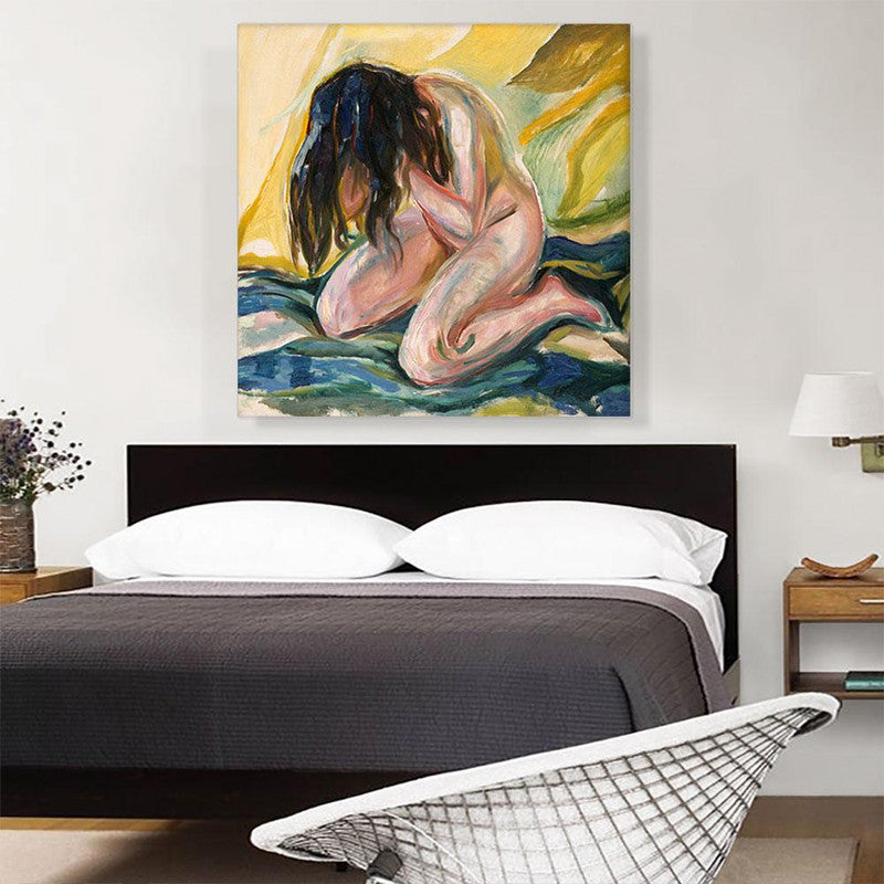 A canvas print of Kneeling Female Nude Crying 1919, showcasing a nude female figure in a kneeling position, expressing deep emotion.