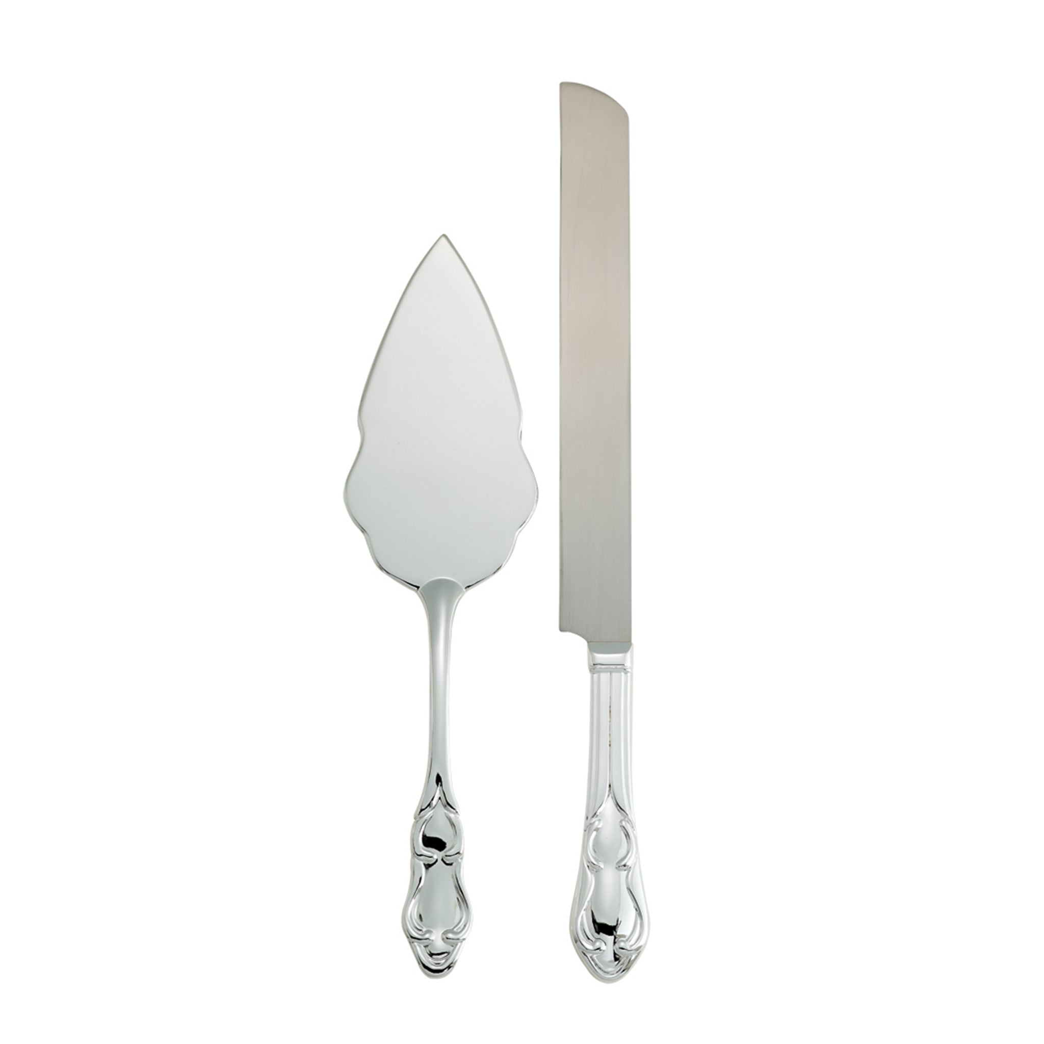 Knife and server set featuring fiddle shaped handles, nickel plated and stainless steel, elegantly designed for cake serving.