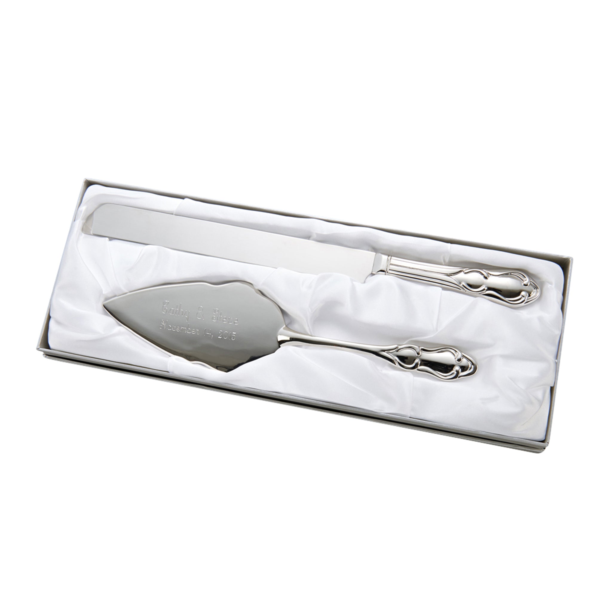 Knife and server set featuring fiddle shaped handles, nickel plated and stainless steel, elegantly designed for cake serving.