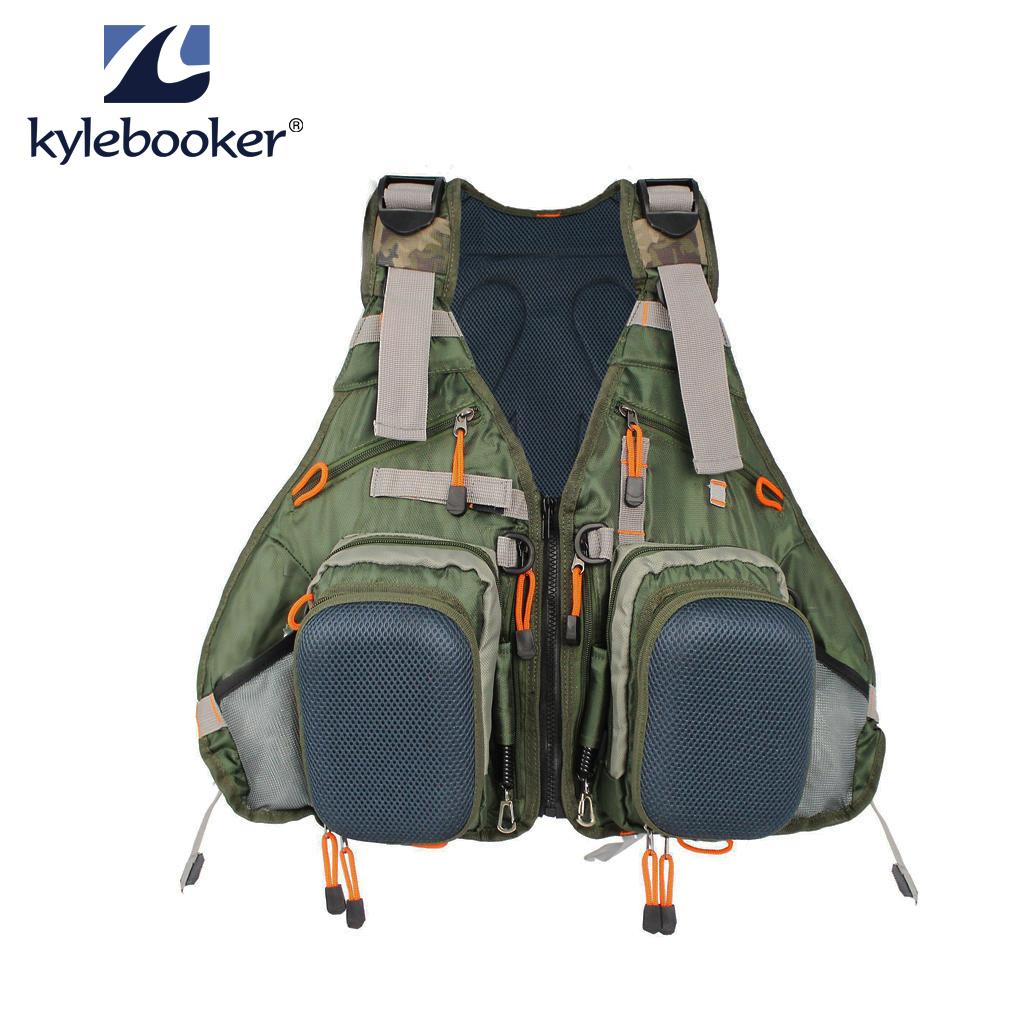 KyleBooker Army Green Fly Fishing Vest Pack showcasing its multiple pockets and compartments for fishing gear.