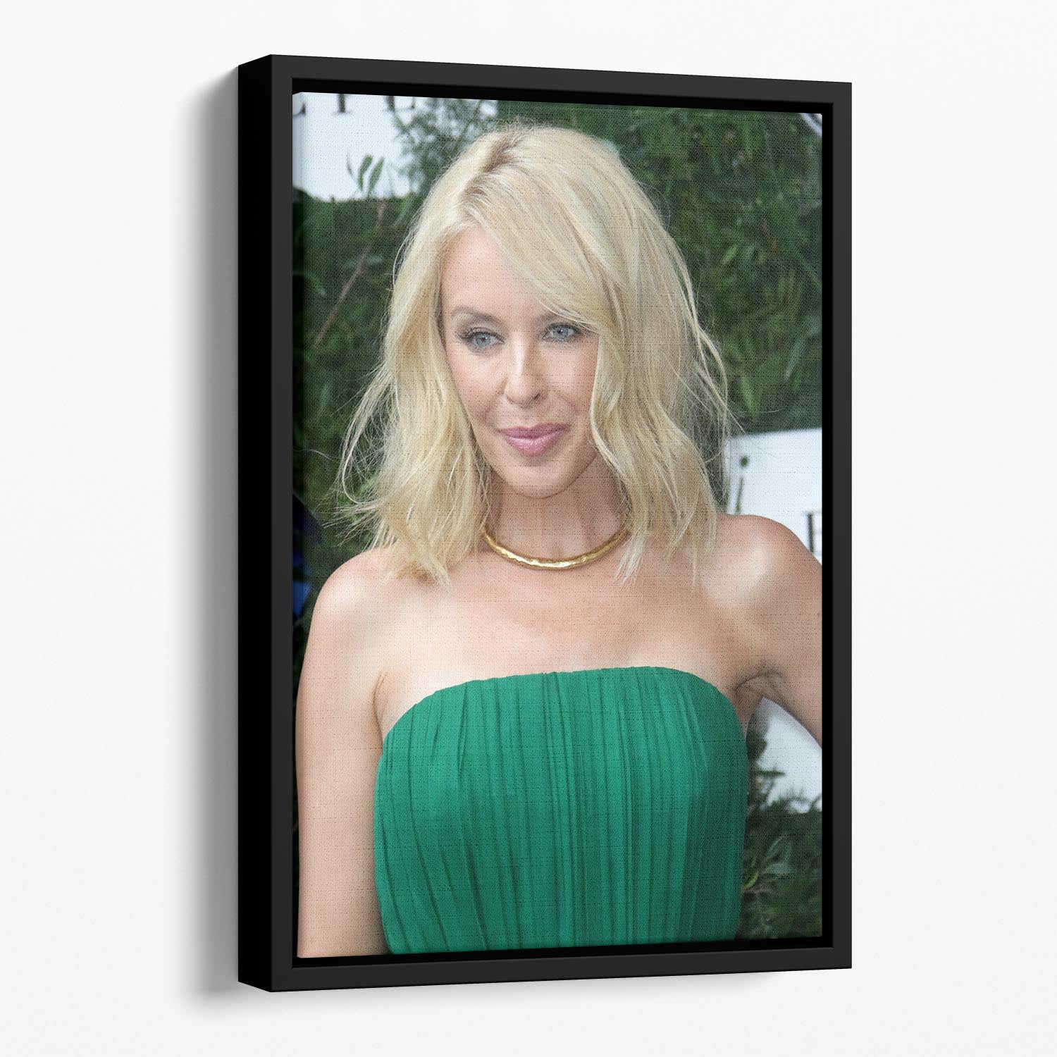 Kylie Minogue in green abstract floating framed canvas art, showcasing vibrant colors and elegant design.