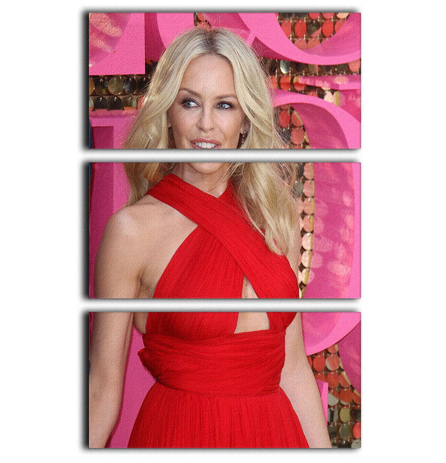 Kylie Minogue in red 3-panel canvas print showcasing vibrant colors and elegant design, perfect for home decor.