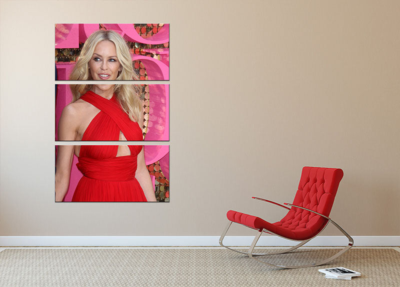 Kylie Minogue in red 3-panel canvas print showcasing vibrant colors and elegant design, perfect for home decor.