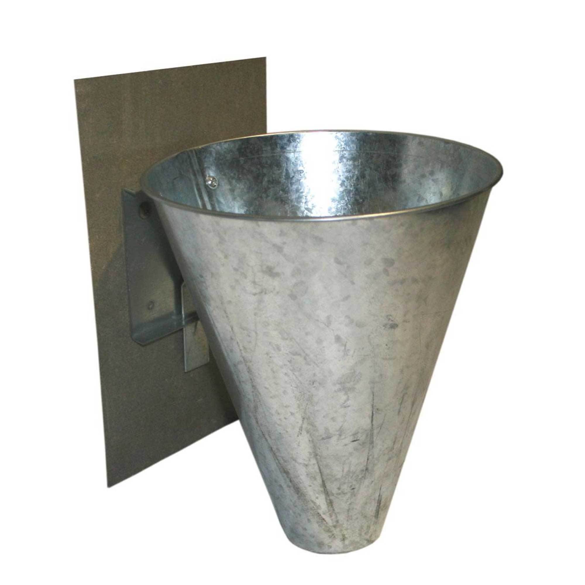 L Chicken Kill Cone mounted on a wall, made of galvanised metal, designed for humane poultry dispatching.