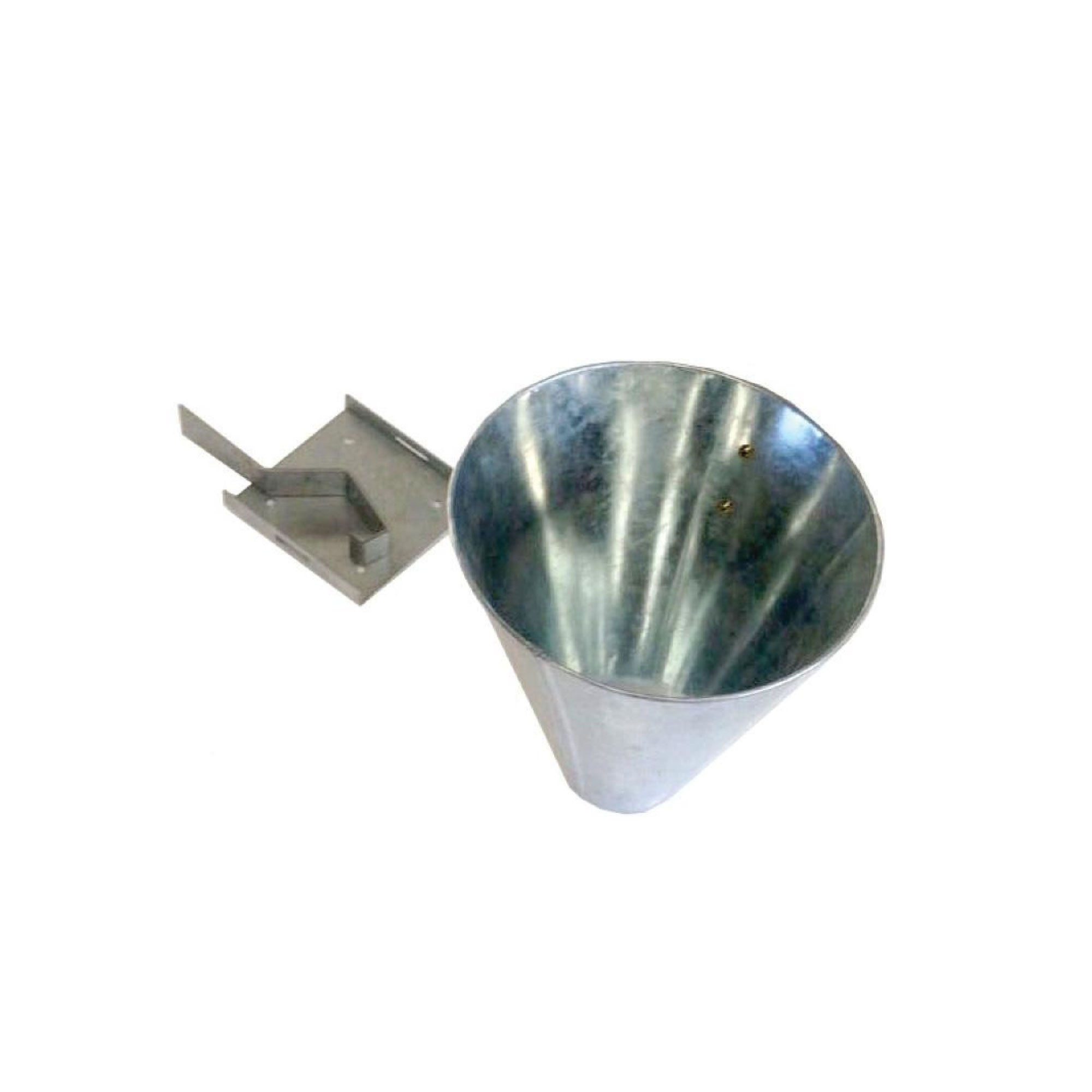 L Chicken Kill Cone mounted on a wall, made of galvanised metal, designed for humane poultry dispatching.