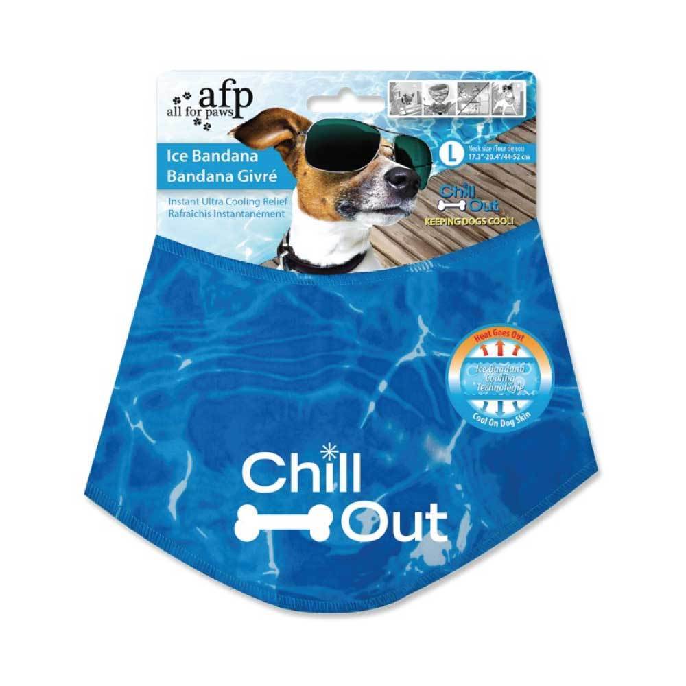 L - Dog Cooling Bandana in blue water ripples design, providing cooling relief for dogs on hot days.