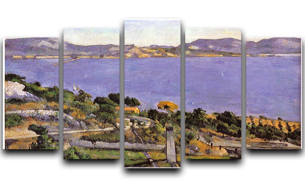 A stunning 5-split panel artwork featuring L Estaque vue du golfe de Marseille 1878 by Cezanne, showcasing vibrant colors and dynamic composition.