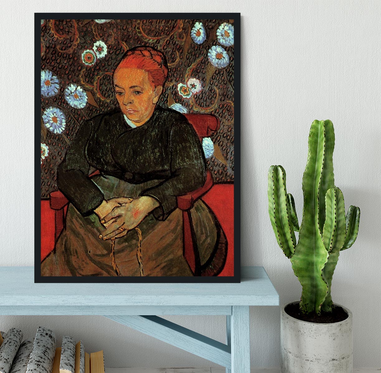Framed print of La Berceuse Augustine Roulin 2 by Van Gogh, showcasing vibrant colors and intricate details.