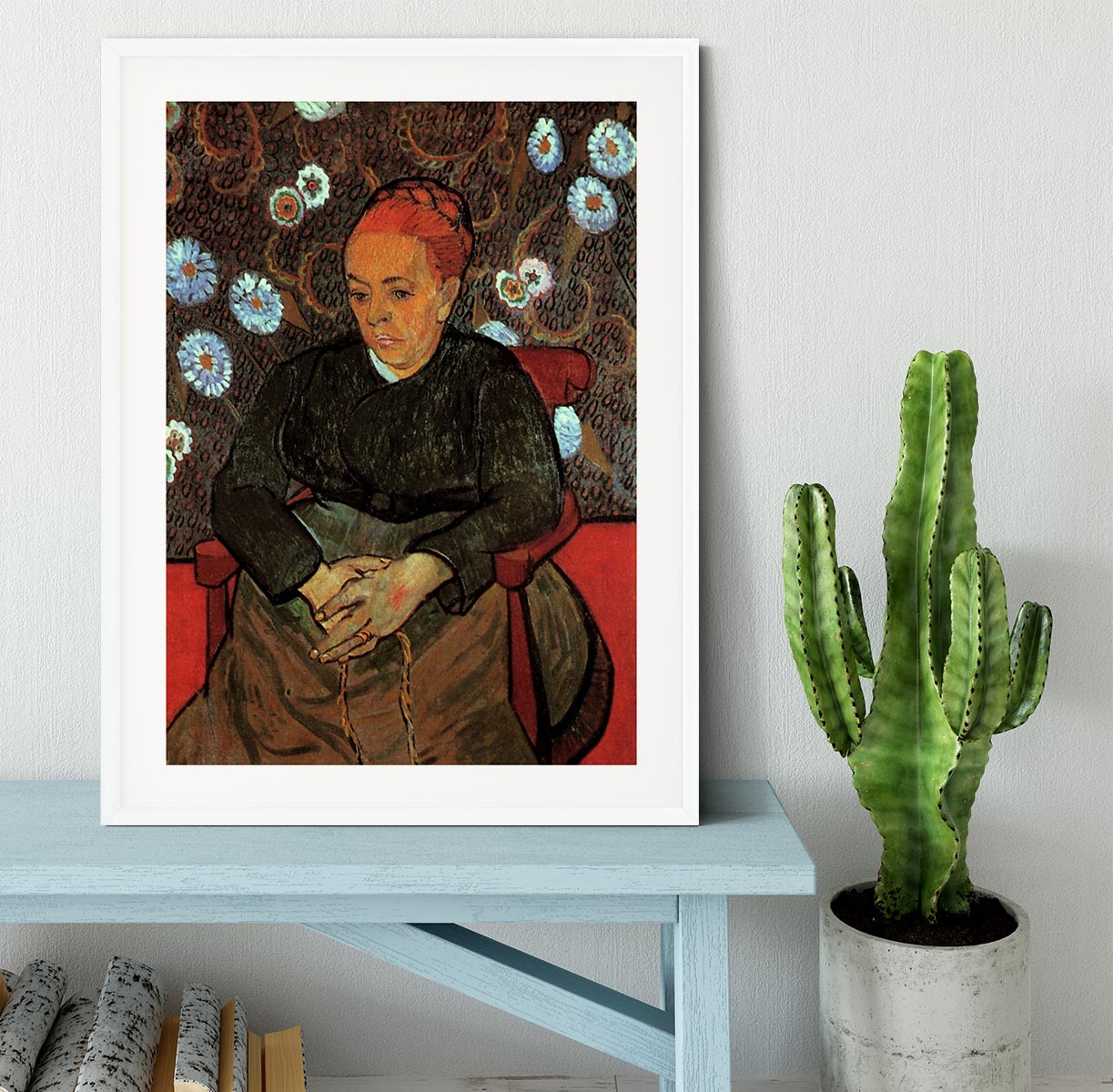 Framed print of La Berceuse Augustine Roulin 2 by Van Gogh, showcasing vibrant colors and intricate details.