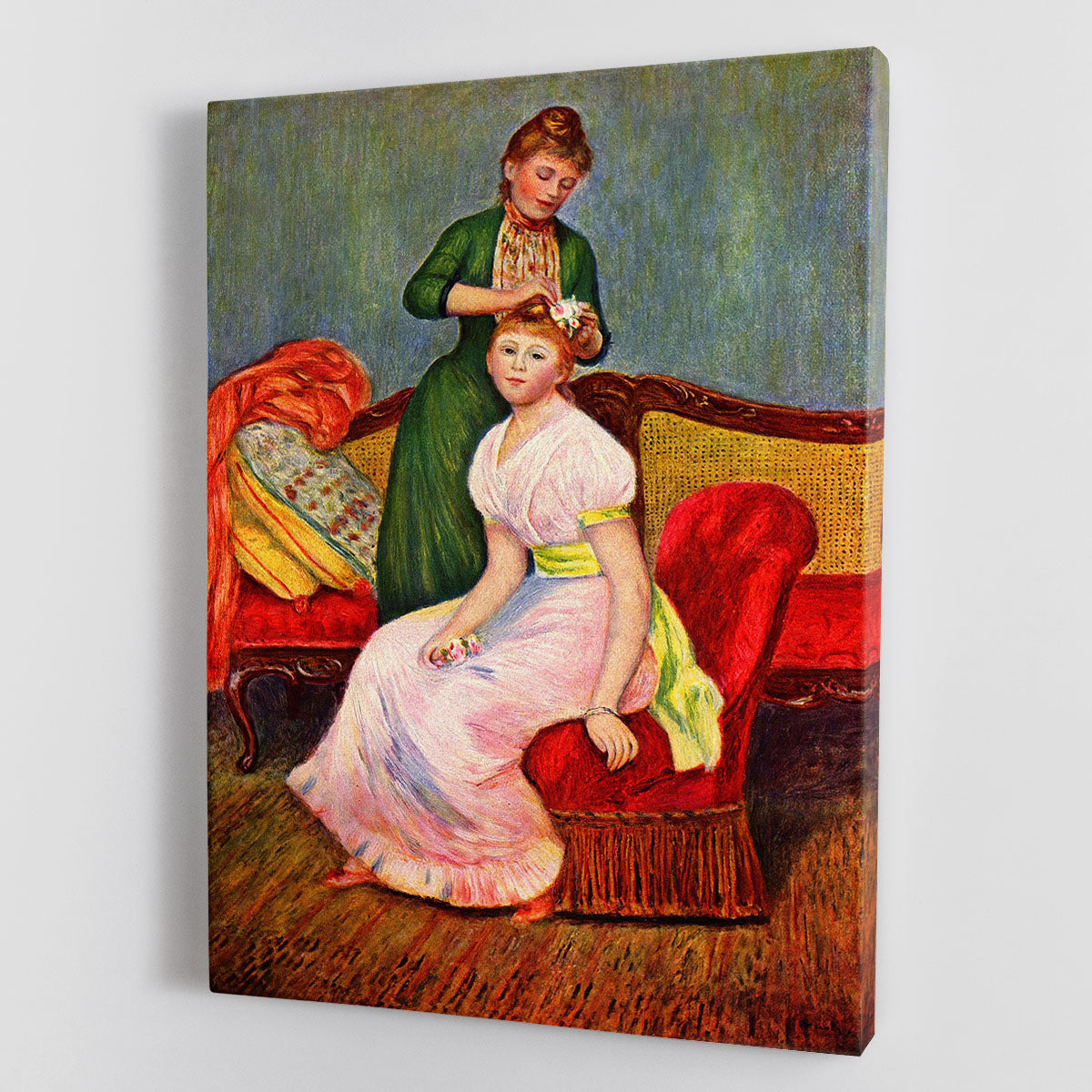La Coiffure by Renoir canvas print featuring a woman with an elegant hairstyle, showcasing impressionist art style.