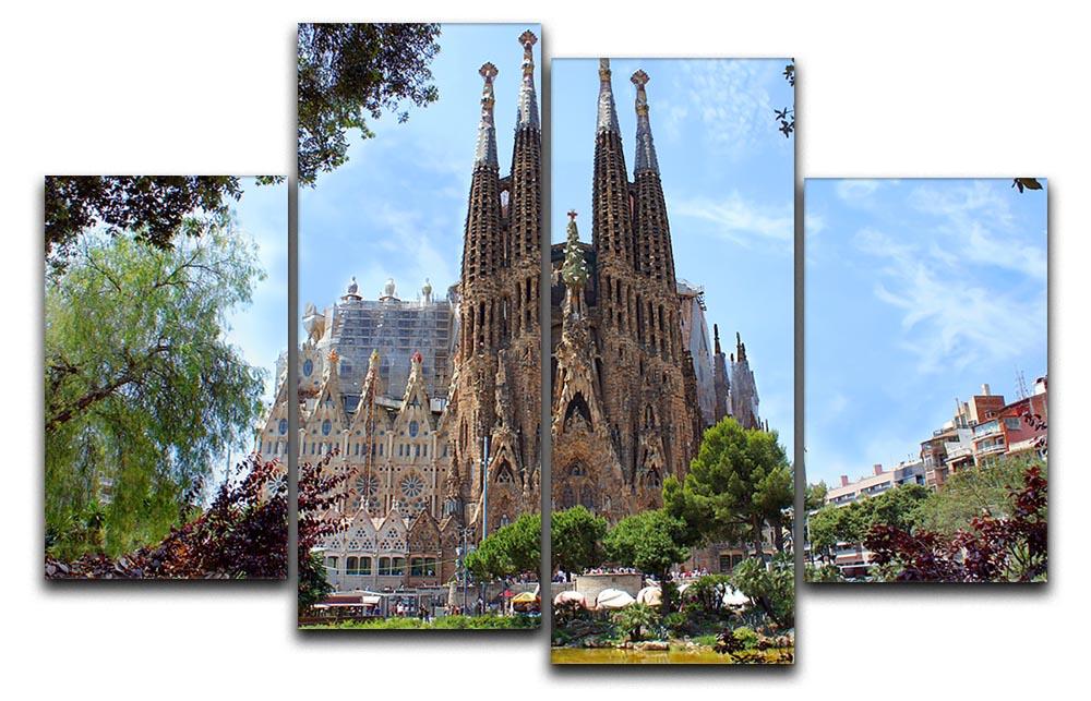 La Sagrada Familia 4 Split Panel Canvas artwork featuring four panels of the iconic basilica, showcasing intricate architectural details.
