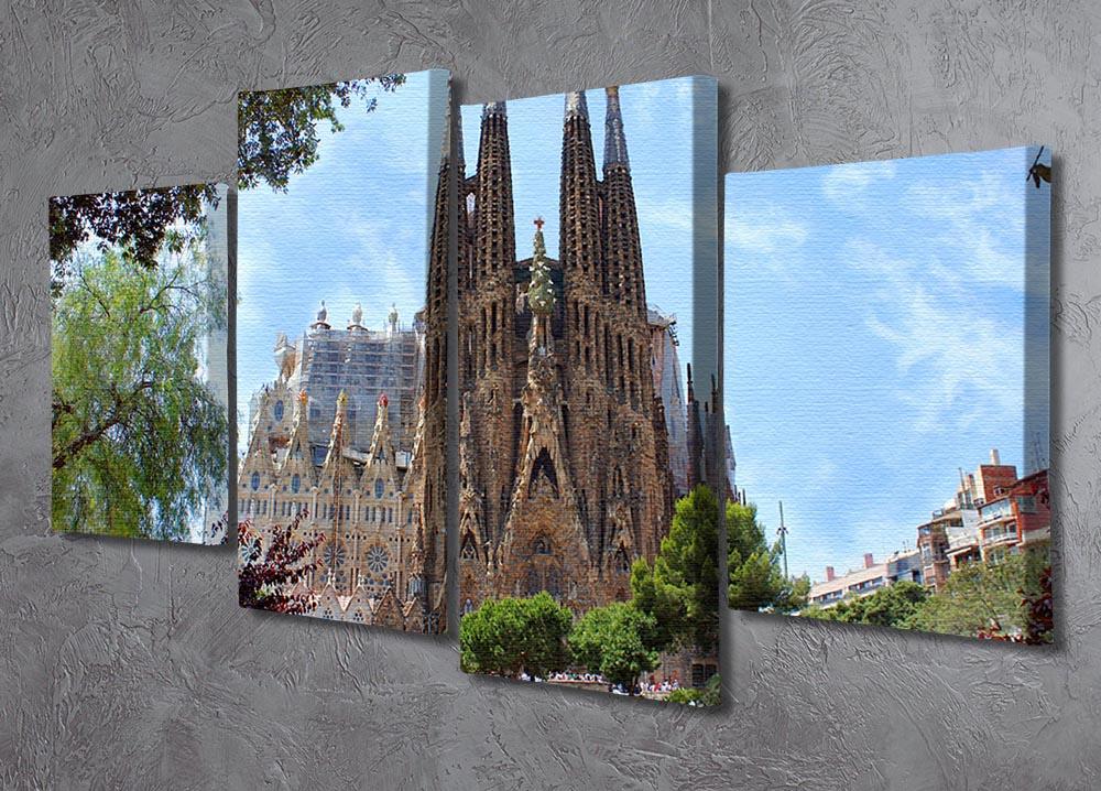 La Sagrada Familia 4 Split Panel Canvas artwork featuring four panels of the iconic basilica, showcasing intricate architectural details.
