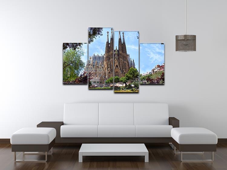 La Sagrada Familia 4 Split Panel Canvas artwork featuring four panels of the iconic basilica, showcasing intricate architectural details.