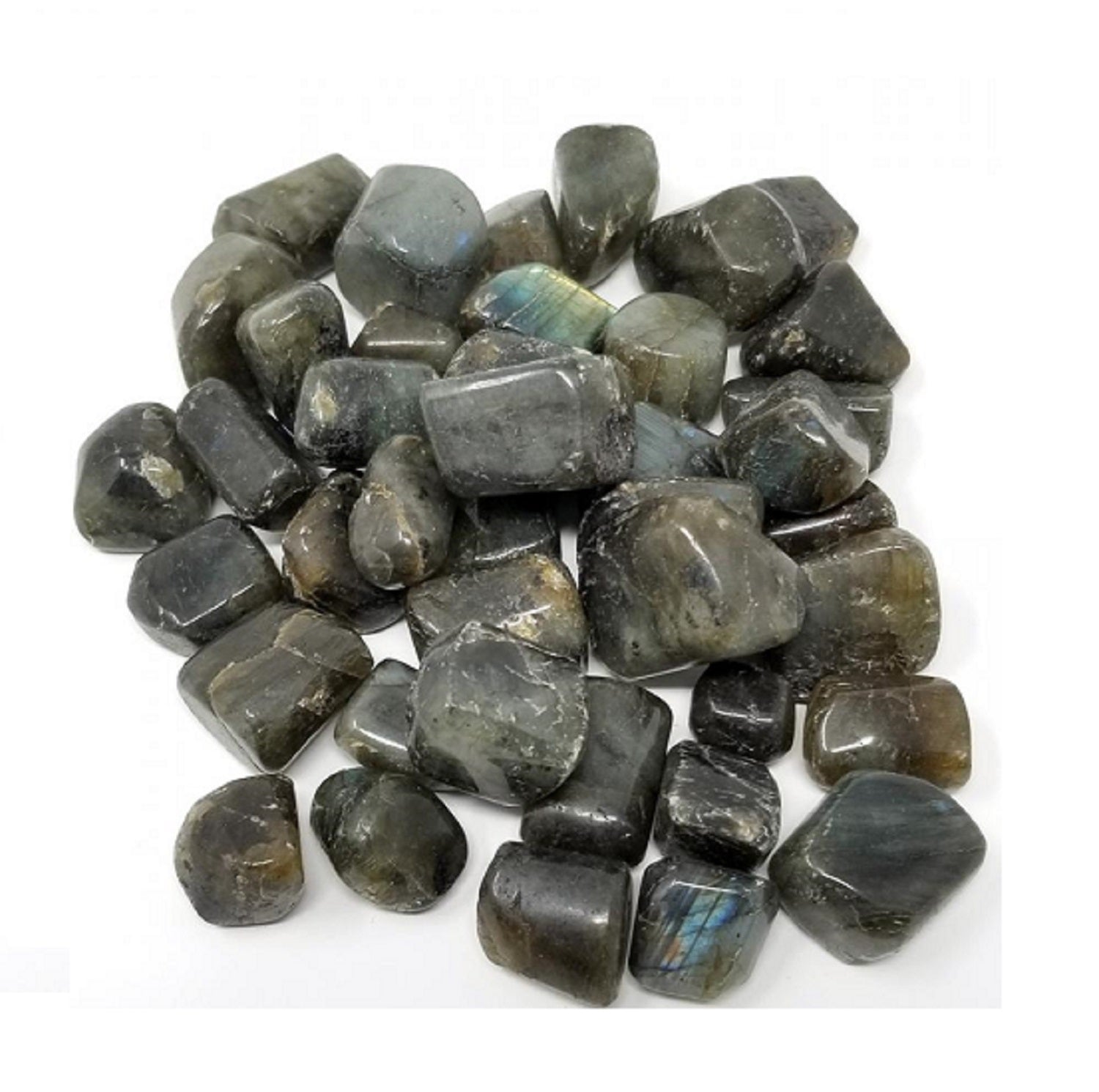 A polished Labradorite tumbled gemstone showcasing vibrant colors and unique patterns, weighing approximately 1 lb.