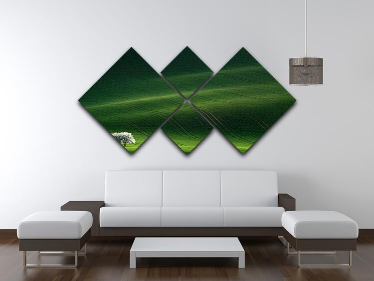 Ladies In White 4 Square Multi Panel Canvas artwork displayed in a modern living room setting, showcasing its elegant design and harmonious colors.