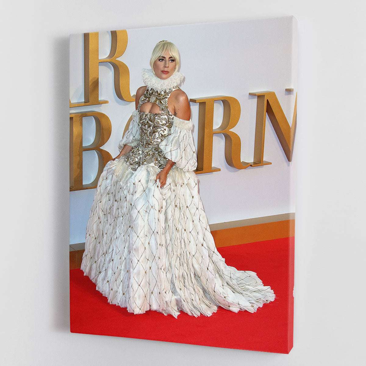 Canvas print of Lady Gaga wearing an Alexander McQueen dress, showcasing vibrant colors and intricate details.