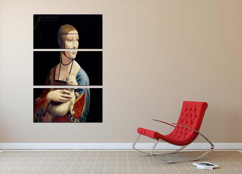 Three-panel canvas print of Da Vinci's Lady with an Ermine, showcasing elegant art for home decor.