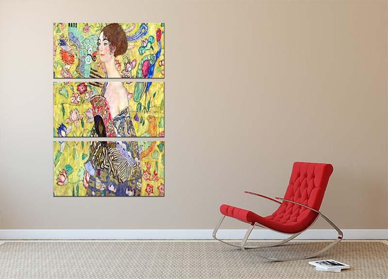 A stunning 3-panel canvas print of Klimt's Lady with Fan, showcasing intricate details and vibrant colors, perfect for elegant home decor.