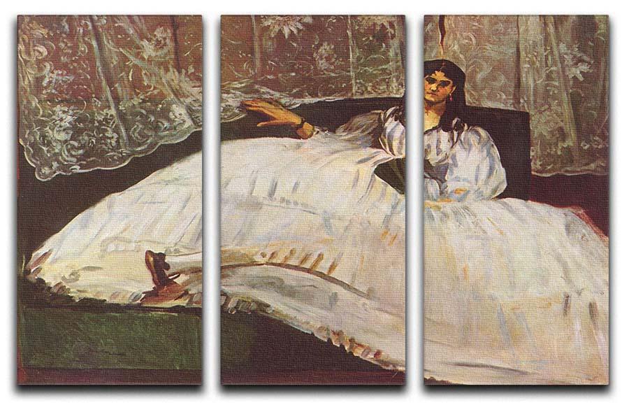 Three-panel canvas print of Lady with Fan by Manet, showcasing elegant art for home decor.