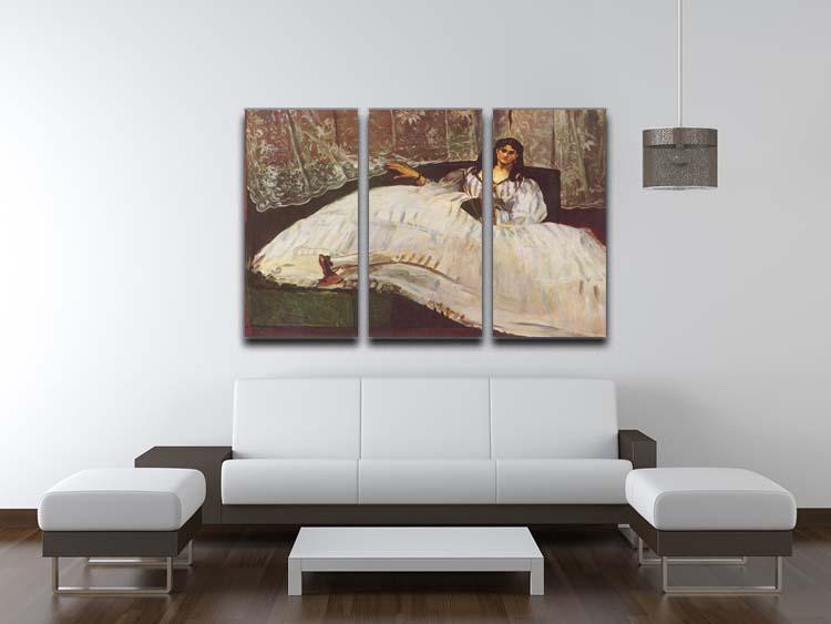 Three-panel canvas print of Lady with Fan by Manet, showcasing elegant art for home decor.