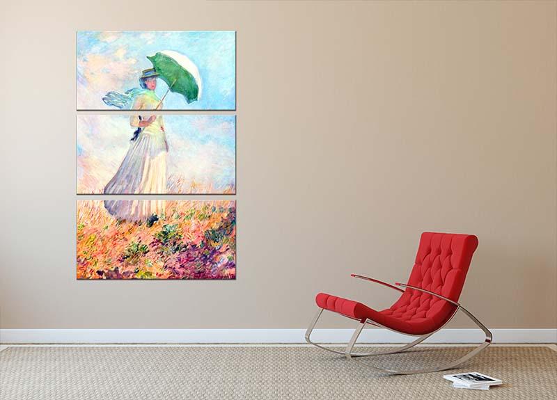 Three-panel canvas print of Monet's Lady with Sunshade, showcasing vibrant colors and elegant design.