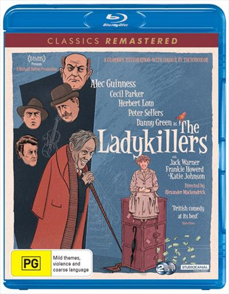 Blu-ray cover of Ladykillers featuring Alec Guinness and a group of quirky criminals planning a heist.