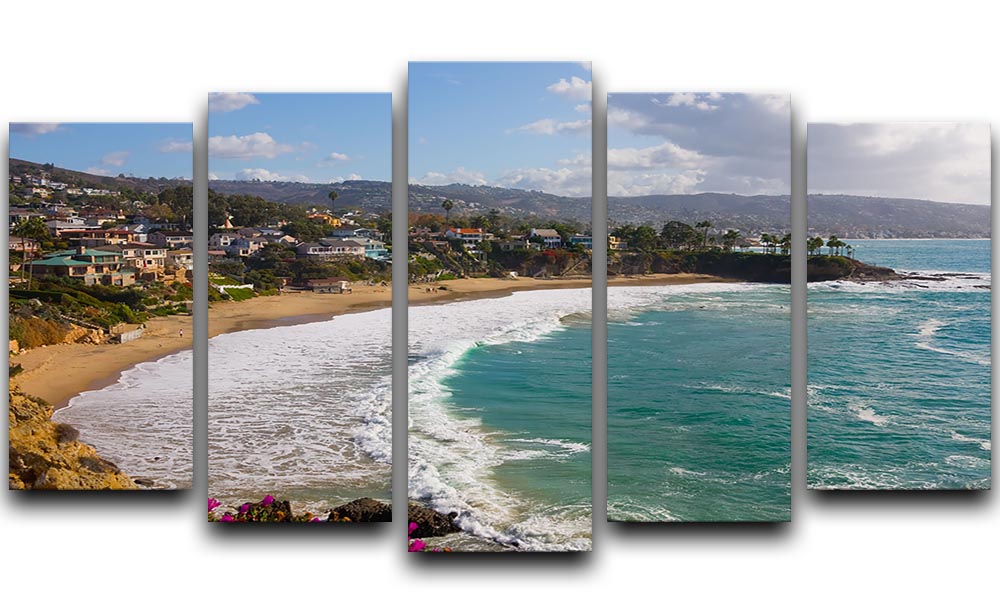 Laguna Beach Crescent Cove 5 Split Panel Canvas artwork featuring vibrant coastal scenery divided into five panels.