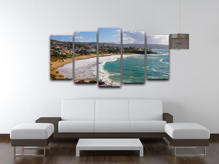 Laguna Beach Crescent Cove 5 Split Panel Canvas artwork featuring vibrant coastal scenery divided into five panels.