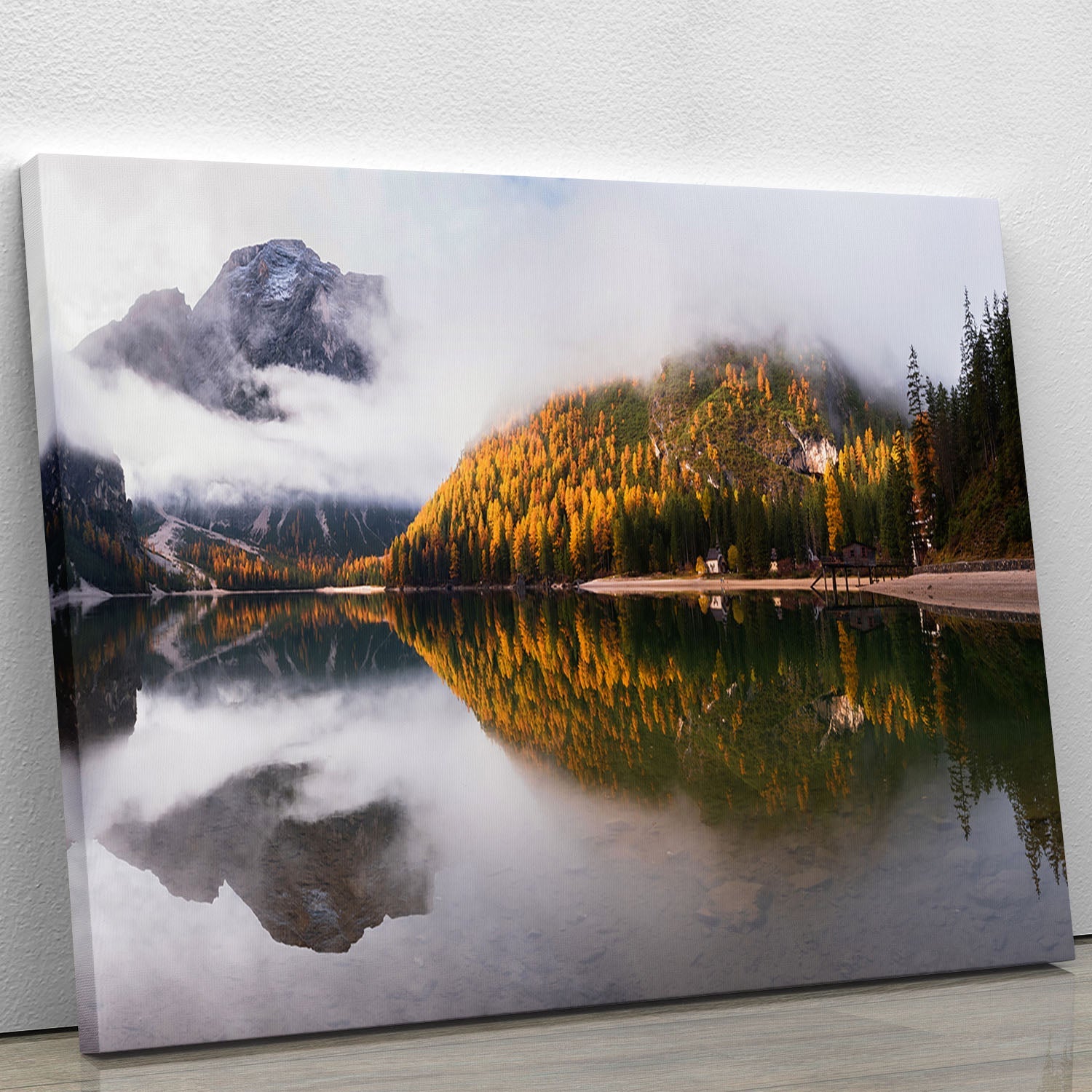 A beautiful canvas print of Lake Braies showcasing its serene waters and surrounding mountains, perfect for home decor.